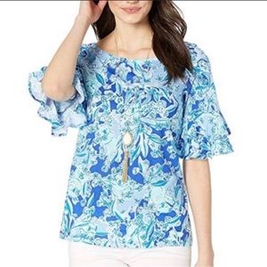 Lilly Pulitzer “Lula” top Koalifications print Ruffles on the sleeves Size L